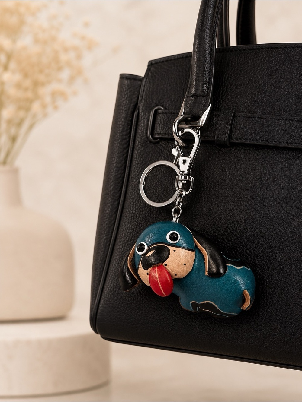 NEW Italian Leather Dog Bag Charm Keychain Blue Teal Firenze Key Ring